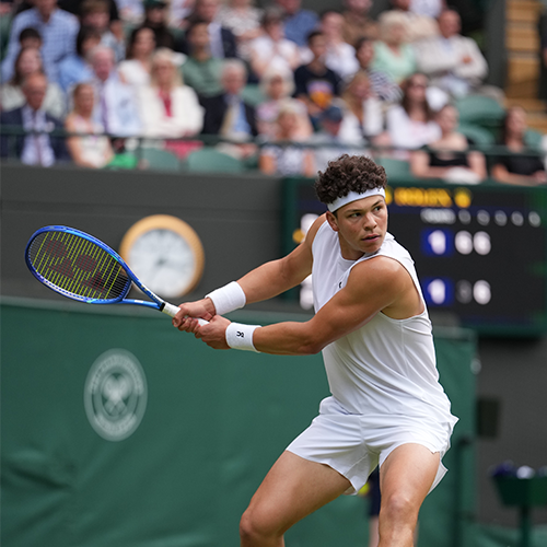 Tennis player in action on a court with a crowd in the background